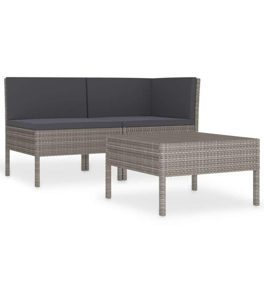 Set Divani da Giardino 3 pz con Cuscini in Polyrattan Grigio