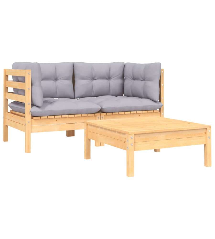 Set Divani da Giardino 3 pz con Cuscini Grigi Massello di Pino