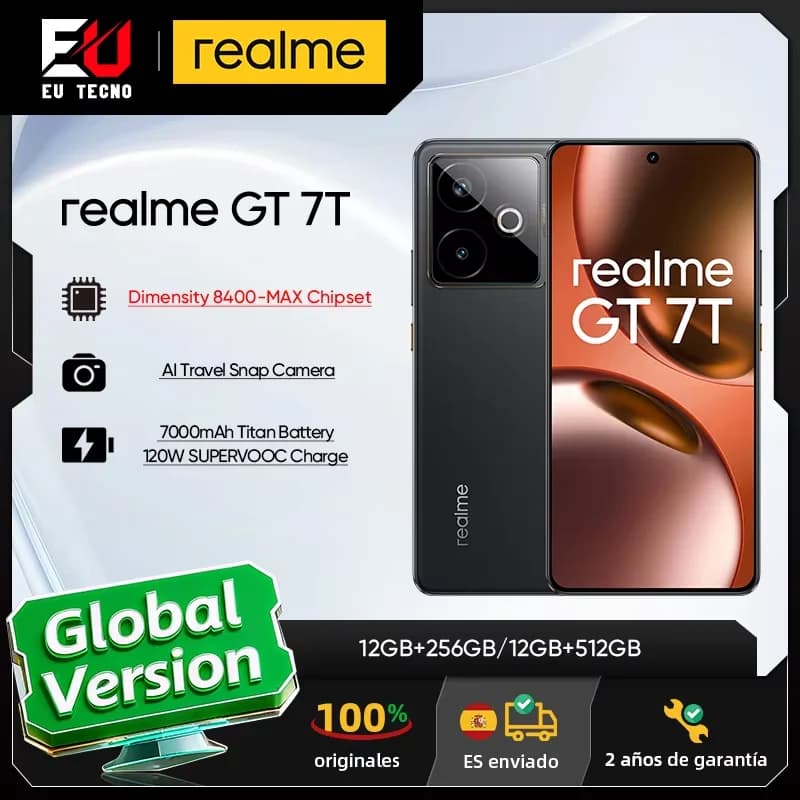 Versione UE Smartphone realme GT 7T 5G Dimensity 8400-MAX Display da 6,8 pollici a 120 Hz Batteria da 7000 mAh Ricarica SUPERVOOC da 120 W Fotocamera