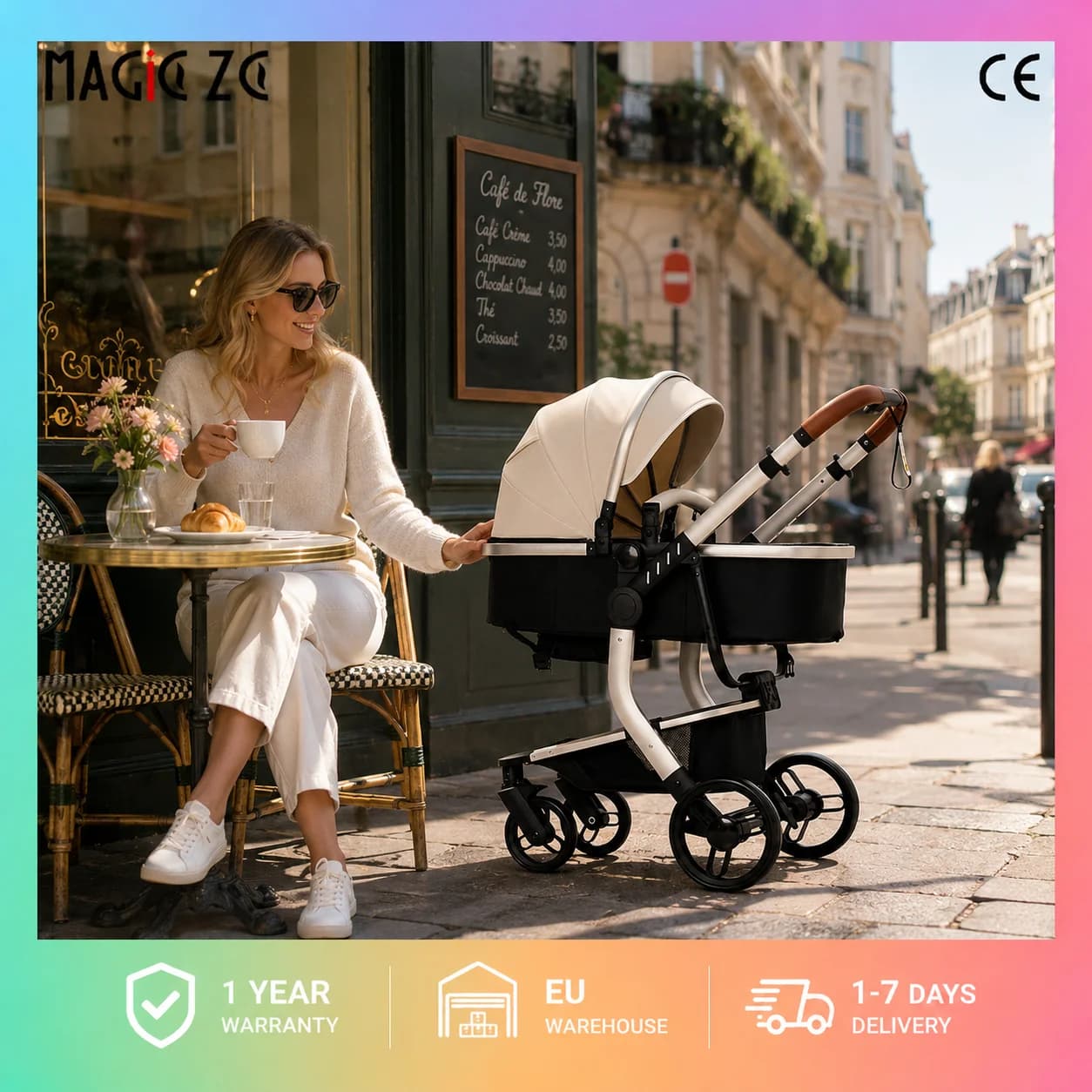 Sistema di Viaggio 3-in-1 per Neonati con Seggiolino Auto, Passeggino Convertibile Reversibile, Carrozzina Compatta Pieghevole con Una Mano, Ruote