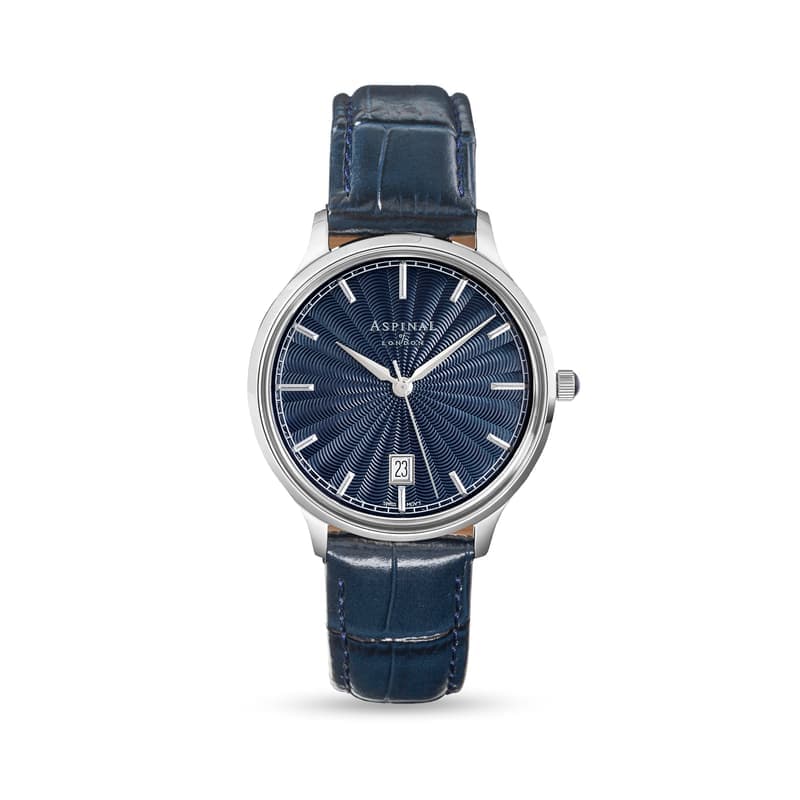 Aspinal of London Mount Street Watch in Deep Shine Navy Croc & Stainless Steel