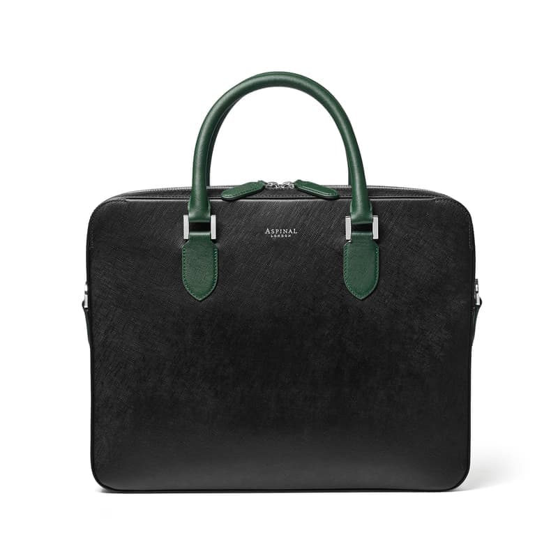 Aspinal of London Slim Leather Briefcase Bag in Black & Green Saffiano