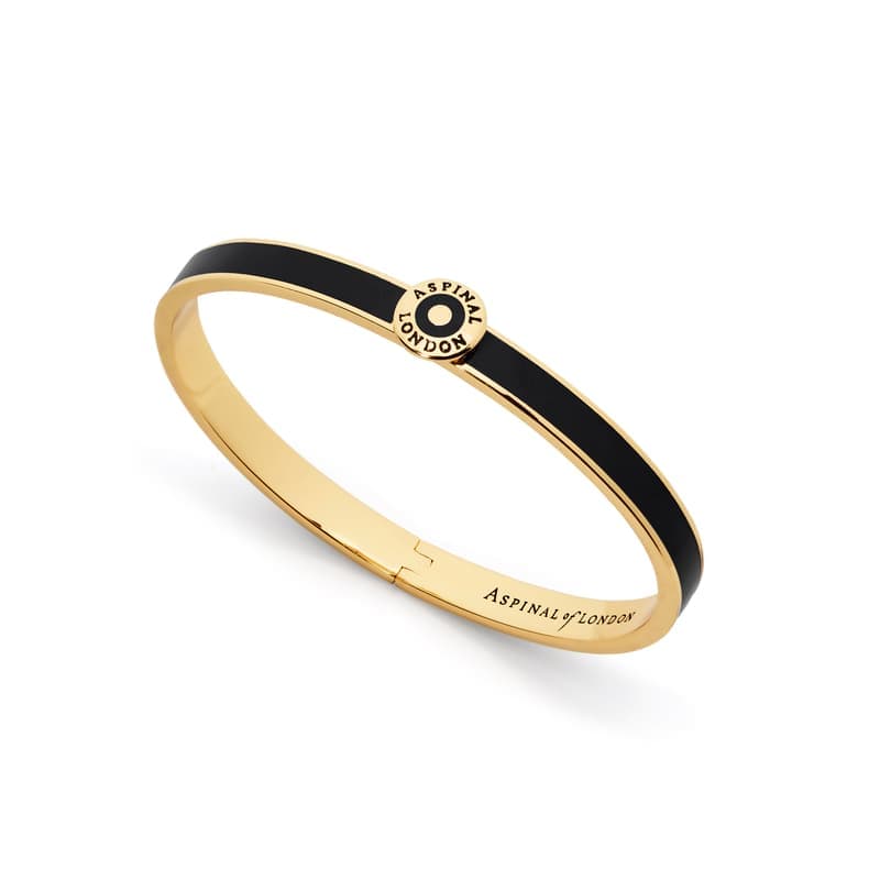 Aspinal of London Thin Enamel Bangle in Black Enamel & 18ct Gold Plated