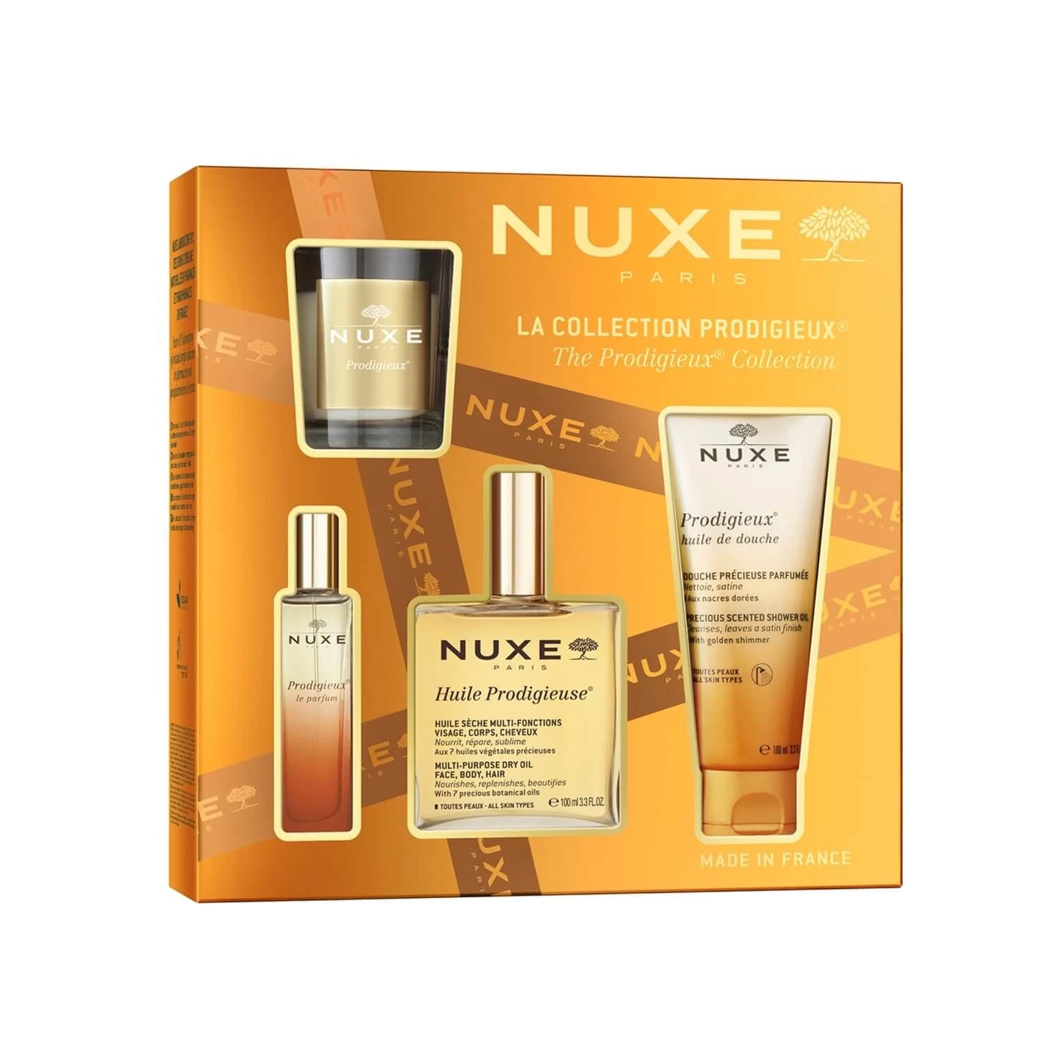 Set Nuxe Huile Prodigieux, olio secco, 100 ml + profumo, 15 ml + olio doccia con particelle dorate, 100 ml + candela profumata, 70 g
