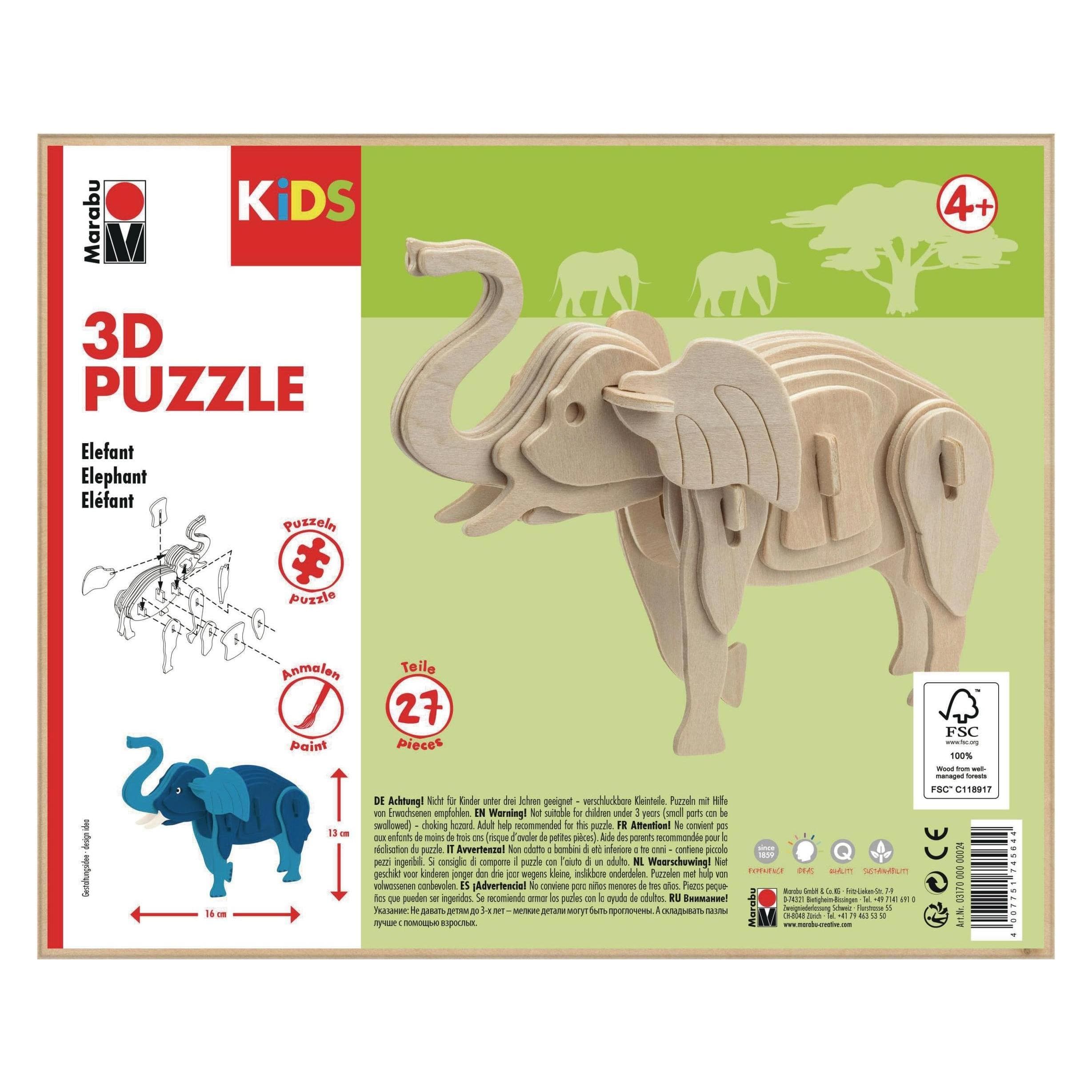 Marabu articoli in legno puzzle 3D, elefante (27 pezzi)