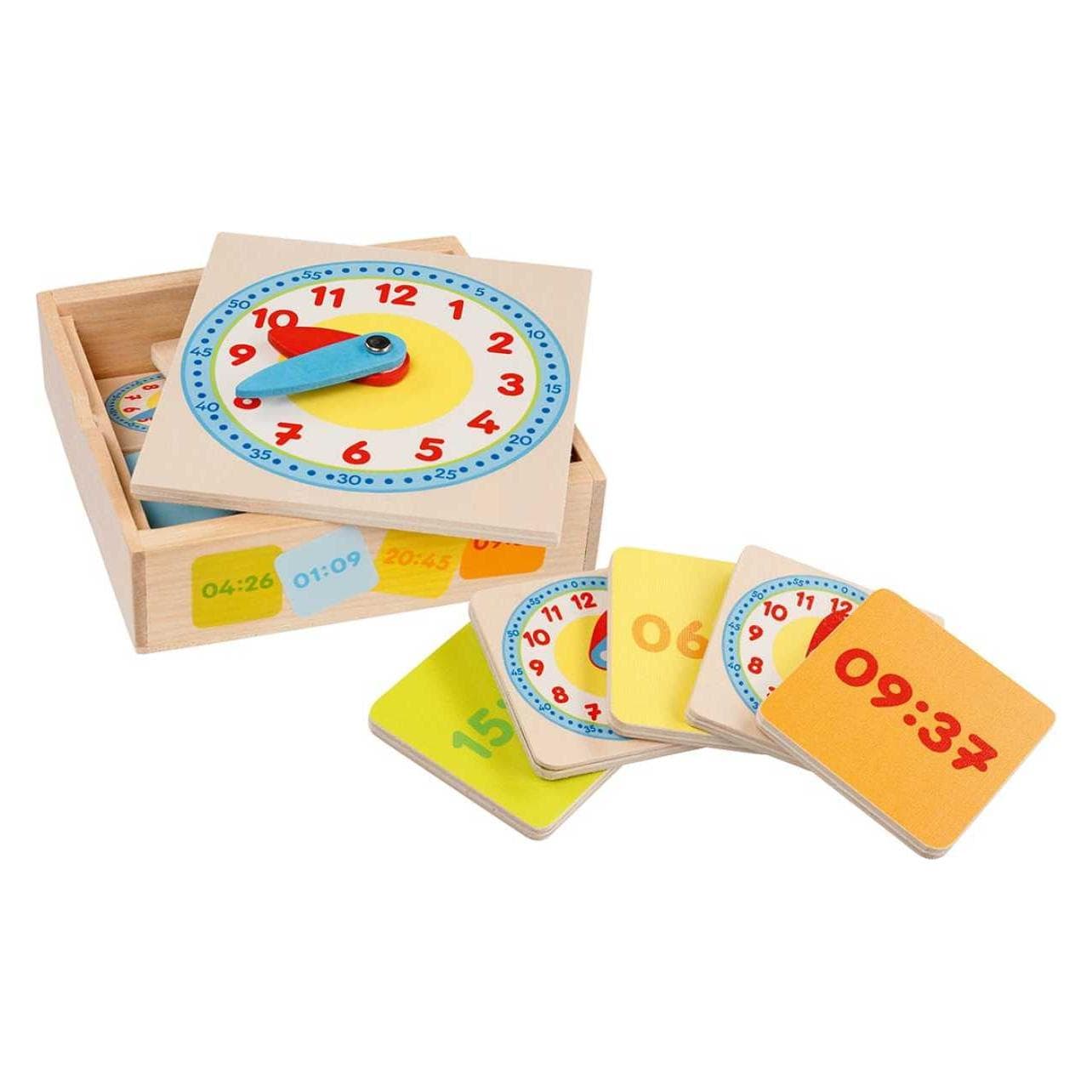 Goki Orologio di apprendimento in scatola di legno (Francese, Inglese, Italiano, Tedesco)