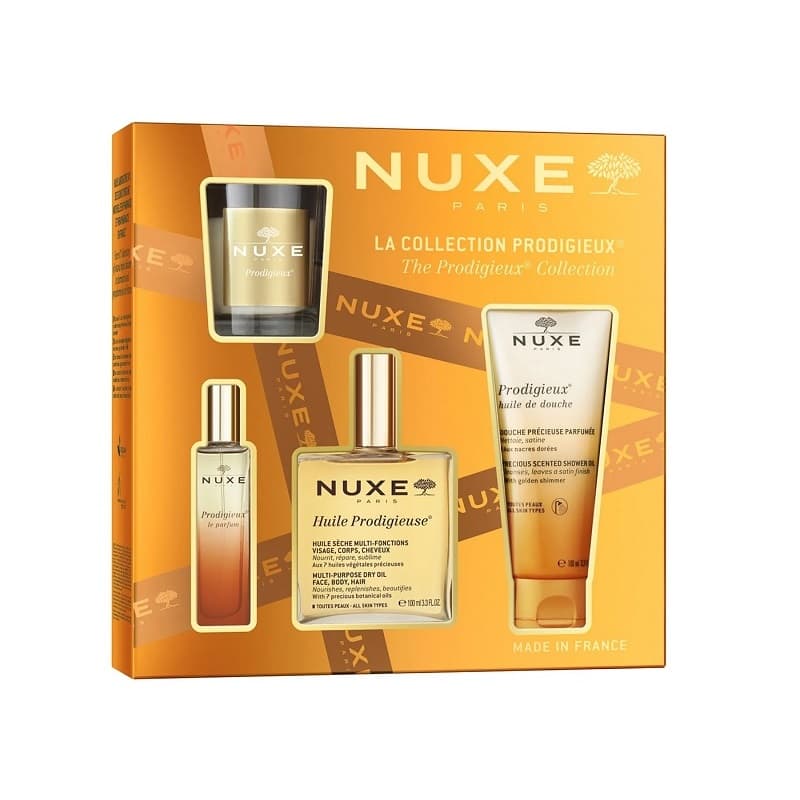 Nuxe La Collection Prodigieux Cofanetto Con Olio Secco 100ml + Profumo 15ml + Gel Doccia 100ml + Candela Profumata 70 Grammi