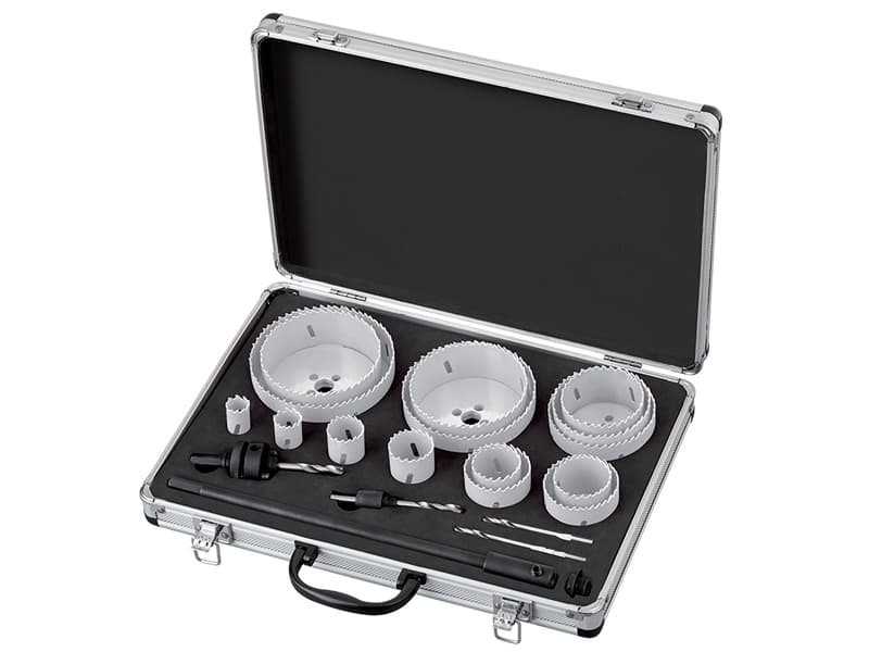 Set 15 seghe a tazza bimetalliche a dentatura variabile Fervi 0712/010 in valigetta, 19-114mm